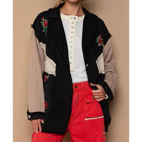 POL Embroidered Patch Hooded Jacket with Lace Detail